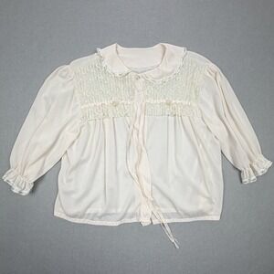 Vintage Pink Sheer Lace Bed Jacket Ruffle Floral Trim Loungewear Top